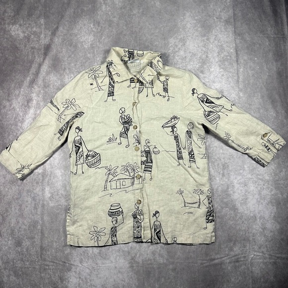 Hot Cotton by Marc Ware Tops - Vintage Hot Cotton Marc Ware Womens Small Beige Linen African Village Button Up